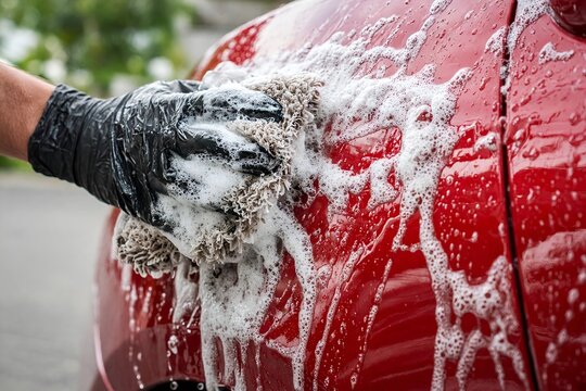 Washing Red Car with Soapy Mitt on a Sunny Outdoor Day