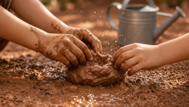 Hands Kneading Wet Clay Soil Together in a Muddy Garden with Watering Can