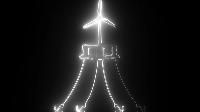 White Neon Tower Shaped Outline with Radiating Lines animation. 4k