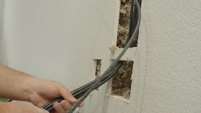 Close view of hands moving black cables through openings in a textured interior wall during installation work. The tight view includes cable bundles and part of a black mounting bracket.