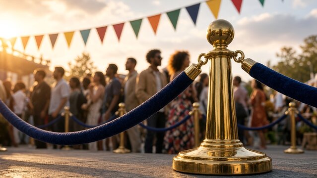 Golden Velvet Rope Barrier at Exclusive Outdoor Event with Crowd