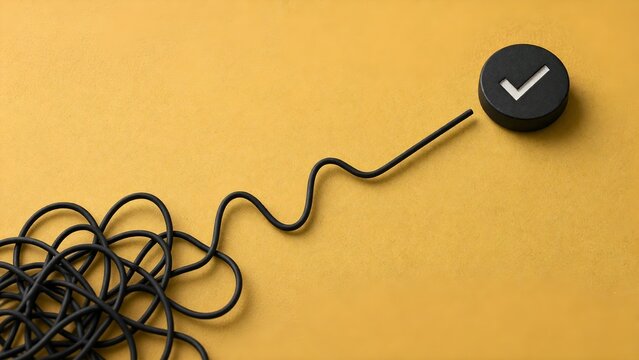 Tangled Black Cable Simplifying into Neat Path with Check Mark