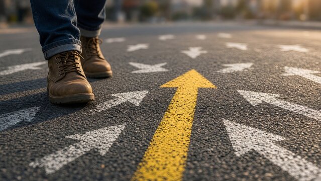 Person Standing at Crossroads with Arrows Pointing in Multiple Directions