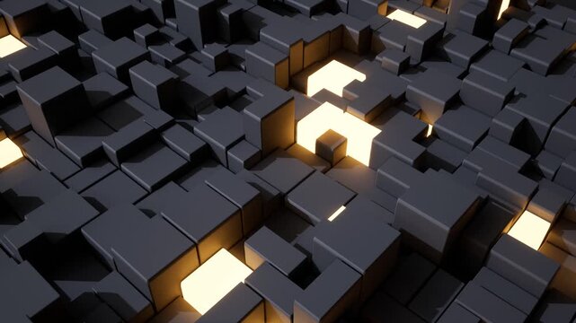 Isometric maquette of a modular city of rounded blocks where single buildings rise and settle at their own moments, graphite with glowing orange blocks. Seamless 3D loop.