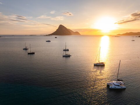 Aerial panoramic view of Tavolara island at sunrise in Sardinia, Italy