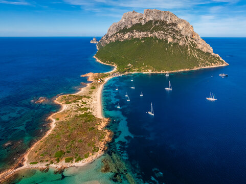 Aerial panoramic view of Tavolara island in Sardinia, Italy