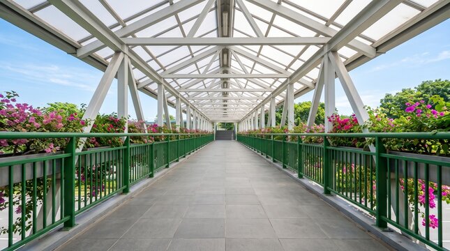 Empty covered pedestrian walkway bridge with plants in daylight
