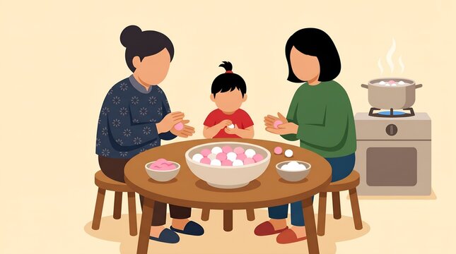Flat illustration of a family rolling rice balls for winter solstice