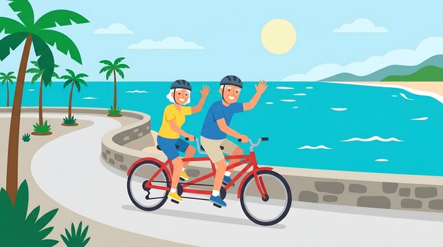 Flat illustration of a senior couple on a tandem bike by the sea