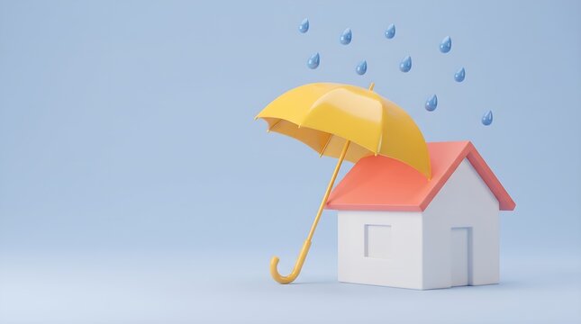3D house sheltered by a yellow umbrella on a blue background