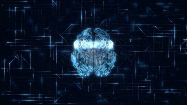 Fiber filament brain with a white hot core pulsing over streaking blue circuit traces, fast push in on an AI neural network and brain scan animation