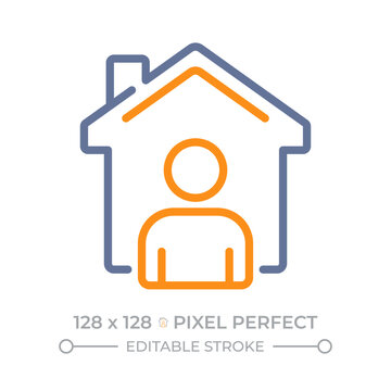 Tenant pixel perfect duotone line icon. Person standing near house. Residential property owner. house rental service. Real estate management. Bicolor linear graphic. Two-color outline pictogram