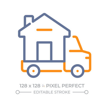 Moving service pixel perfect duotone line icon. Truck transporting house. Relocation of apartment building. Real estate management. Bicolor linear graphic. Two-color outline pictogram