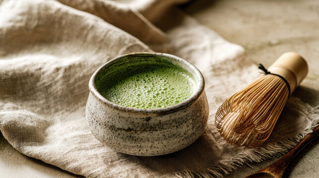 Bamboo matcha whisk resting in a ceramic bowl filled with vibrant green matcha tea .