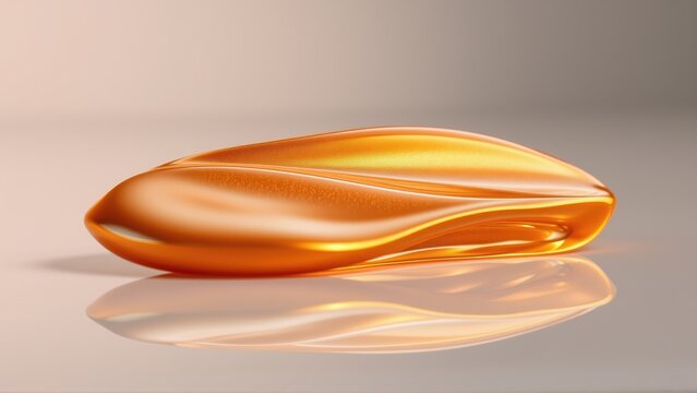 Golden capsule rests upon reflective surface. Smooth curves, warm tones create elegant presentation. Minimalist studio lighting emphasizes form.