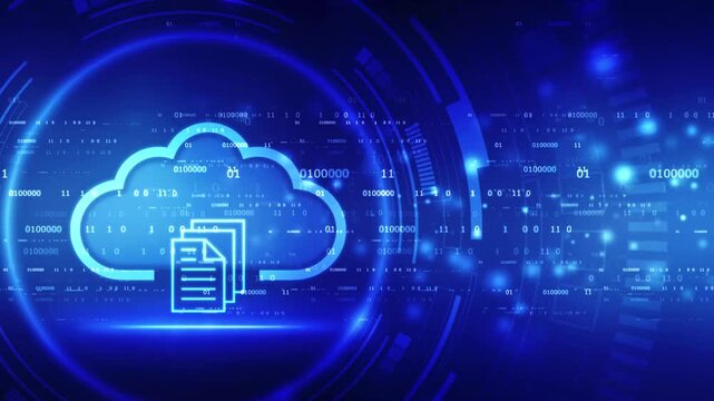 Cloud computing icon with flowing Binary code data, Cloud Storage Data Upload Background, Big Data Transfer. 4K Resolution Video animation