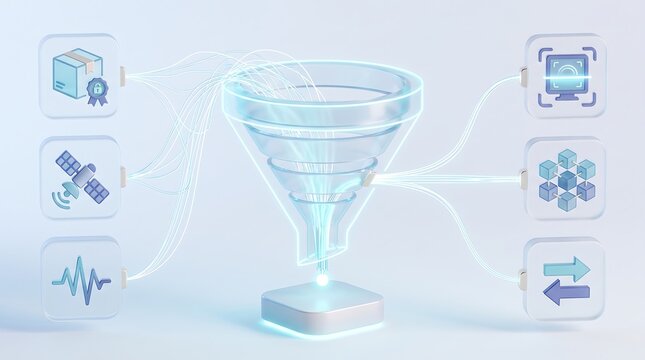 Digital data funnel processing satellite communications and secure logistics tracking into verified blockchain nodes and network exchange channels for advanced enterprise supply chain