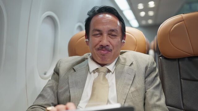 Man in grey suit sits airplane. He holds tablet, eyes closed, focused on work. He smiles warmly, looking directly at camera