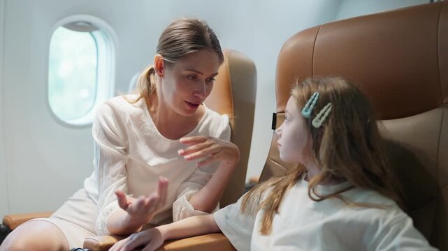 Mother and daughter converse in private jet cabin. Soft natural light streams through oval window. Woman listens intently, hands resting gently
