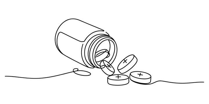 Continuous line drawing of a medicine bottle with spilling pills and tablets