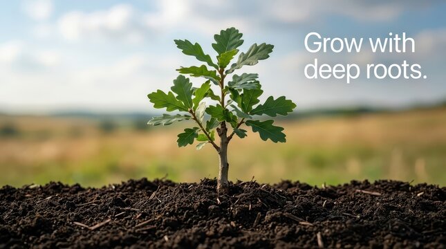 Young oak sapling growing in rich soil with a blurred background of fields and sky