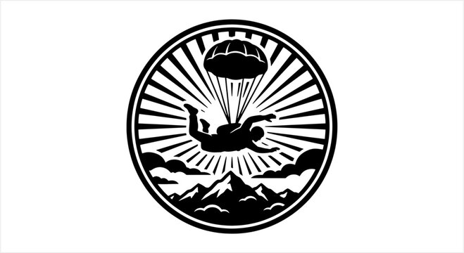 Skydiver in freefall with parachute above mountains.