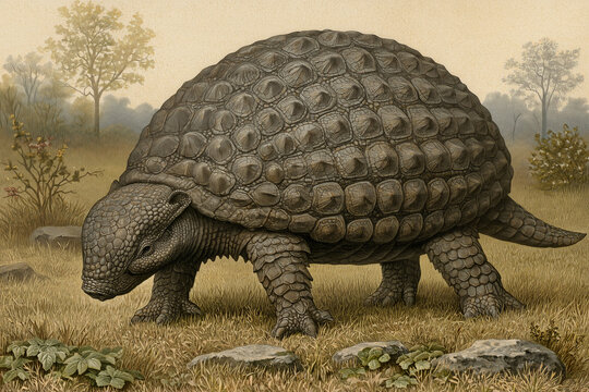 Glyptodon &ndash; Prehistoric Armored Mammal with Massive Protective Shell in Ancient Grassland