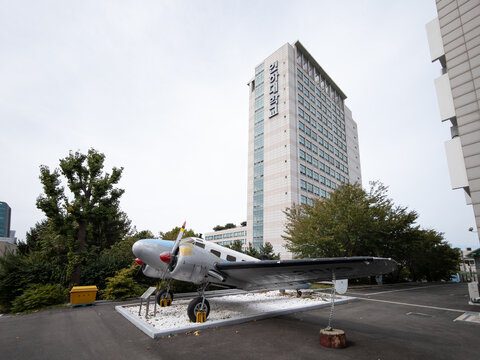 Vintage Beechcraft Model 18 twin-engine propeller aircraft stands on display at Inha University campus on October 3, 2026 in Incheon, South Korea.