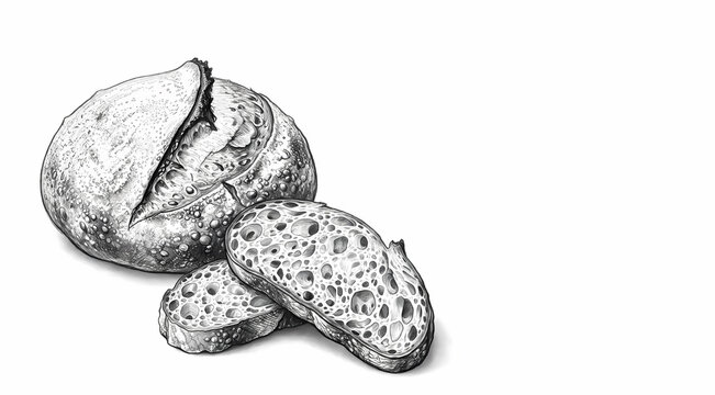 Graphite pencil sketch of a rustic sourdough boule with cut slices on a white background. Artisan bakery and culinary art.