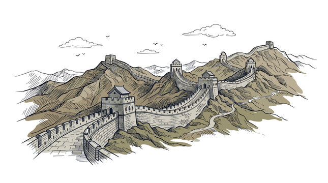 Panoramic vector illustration of the Great Wall of China winding across mountain ridges with watchtowers and clouds in a hand-drawn sketch style with vintage earth tones.