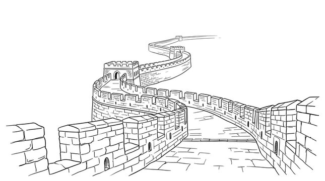 Hand-drawn black and white vector illustration of the Great Wall of China showing a winding stone path with watchtowers in a perspective view isolated on a white background.