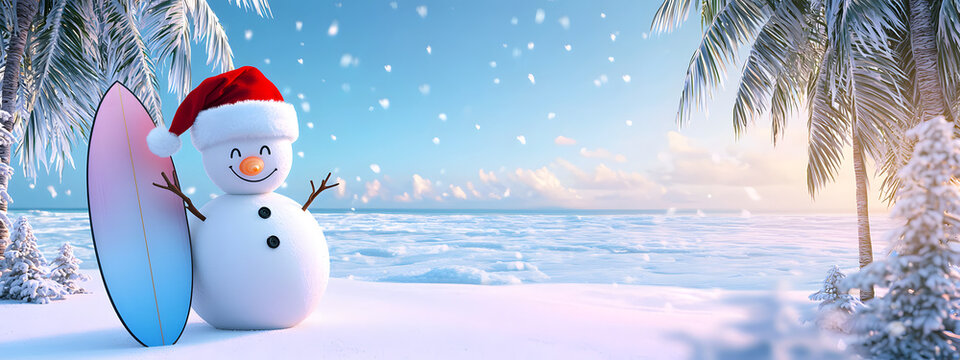 A snowman with a surfboard on a snowy tropical beach against a backdrop of the ocean and clear sky