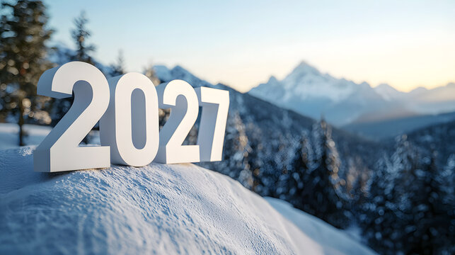 The 3D number 2027 in a snowy meadow against a backdrop of a snowy forest and clear sky
