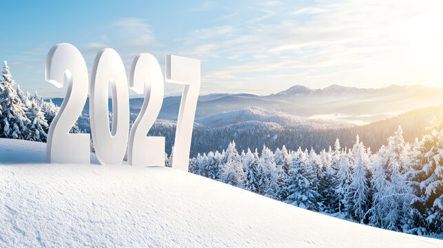 The 3D number 2027 in a snowy meadow against a backdrop of a snowy forest and clear sky