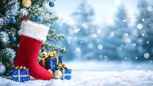 A red sock with gift boxes near a decorated Christmas tree in a snowy meadow against a backdrop of a snow-covered forest