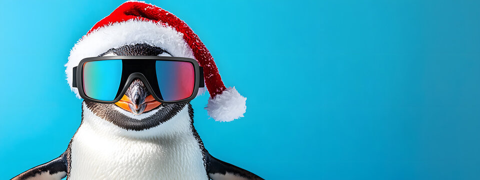 A penguin wearing a Santa hat and ski goggles on a blue studio background with copyspace