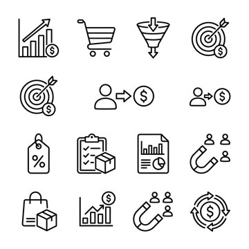 Business and marketing icon set with finance and sales symbols in line art
