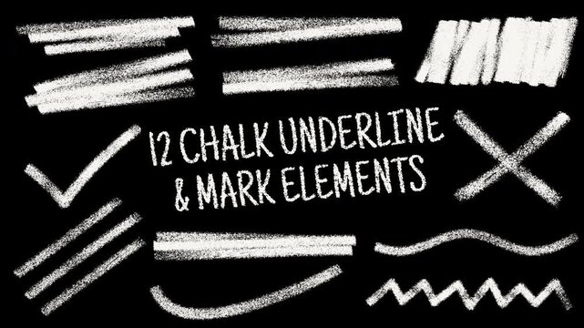 12 white chalk underline and mark FX elements: hand drawn doodle brush strokes, highlight, scribble, check mark, cross, zigzag and wave animations on a transparent background with alpha channel