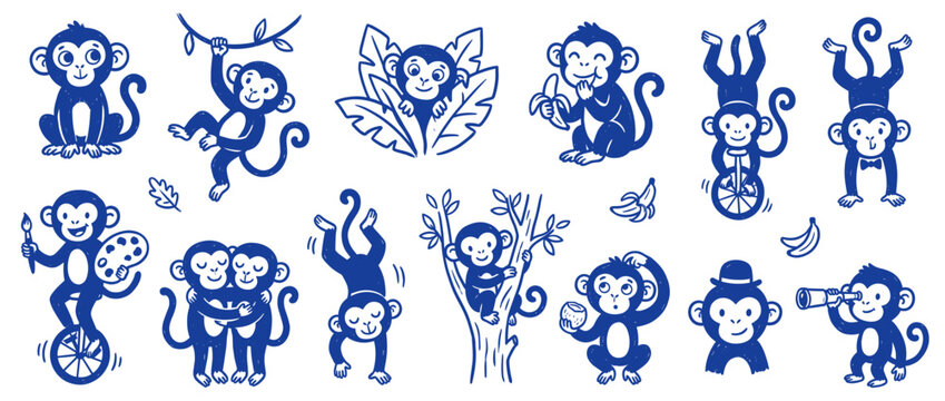 A collection of cute blue monkey illustrations in a playful hand-drawn style