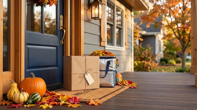 Cardboard delivery box and cooler bag on porch with pumpkins and autumn leaves