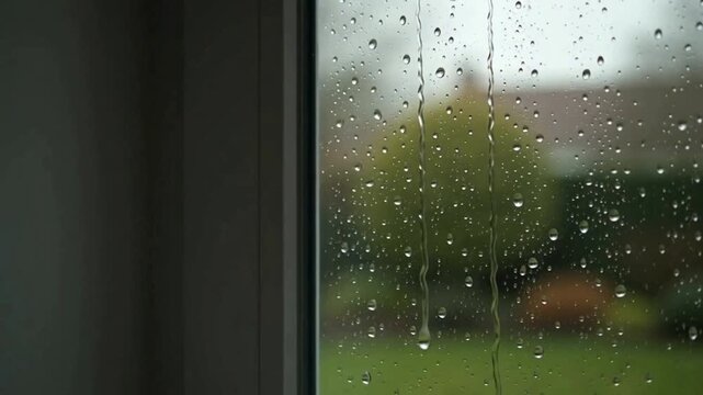 Raindrops sliding down a window with blurred garden and copy space