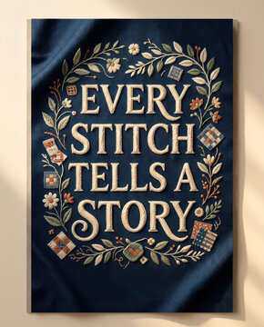 Embroidered lettering on a deep blue textured fabric background forms an inspirational quote surrounded by delicate stitched botanical floral motifs under soft warm lighting.