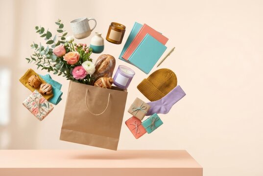 Craft paper shopping bag levitates amidst an assortment of lifestyle gifts, fresh flowers, and daily essentials.