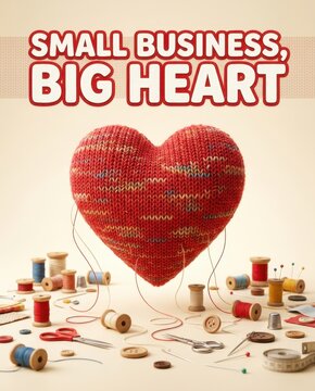 Knitted heart textured with soft red yarn floats above wooden spools and sewing tools on a pale background.