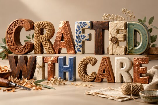 Crafted with care wooden ceramic and metal textured letters displayed neatly on a neutral studio surface.