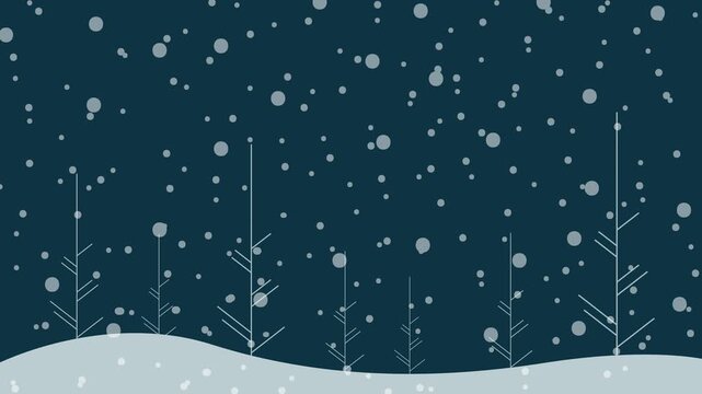 Animated winter landscape with falling snowflakes and minimalist trees at night