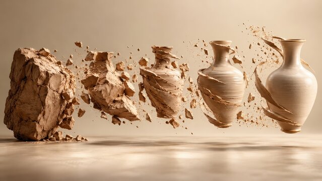 Ceramic vase forming from a rough clay block in a sequential transformation showcasing earthy textures and warm beige tones under soft studio lighting.