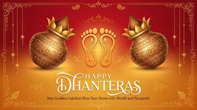 Happy dhanteras festival greeting card with golden kalash with festive dhanteras