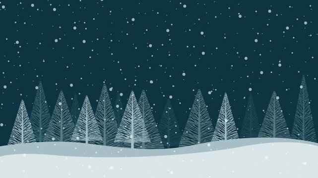 Animated winter forest landscape with snow falling at night
