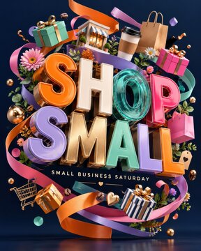 Shop small concept featuring vibrant 3D typography surrounded by colorful ribbons, gifts, and tiny storefront illustrations against a dark textured background.